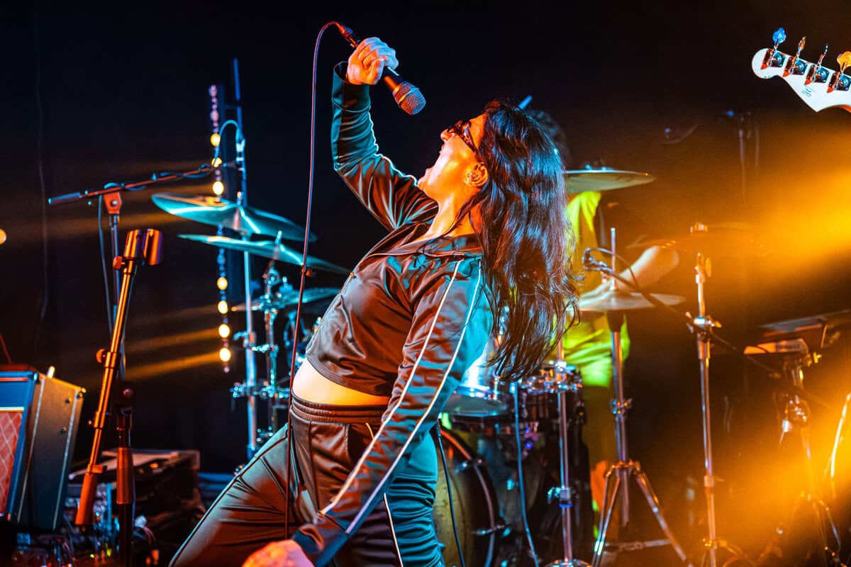 A vocalist performing live vocals on stage.